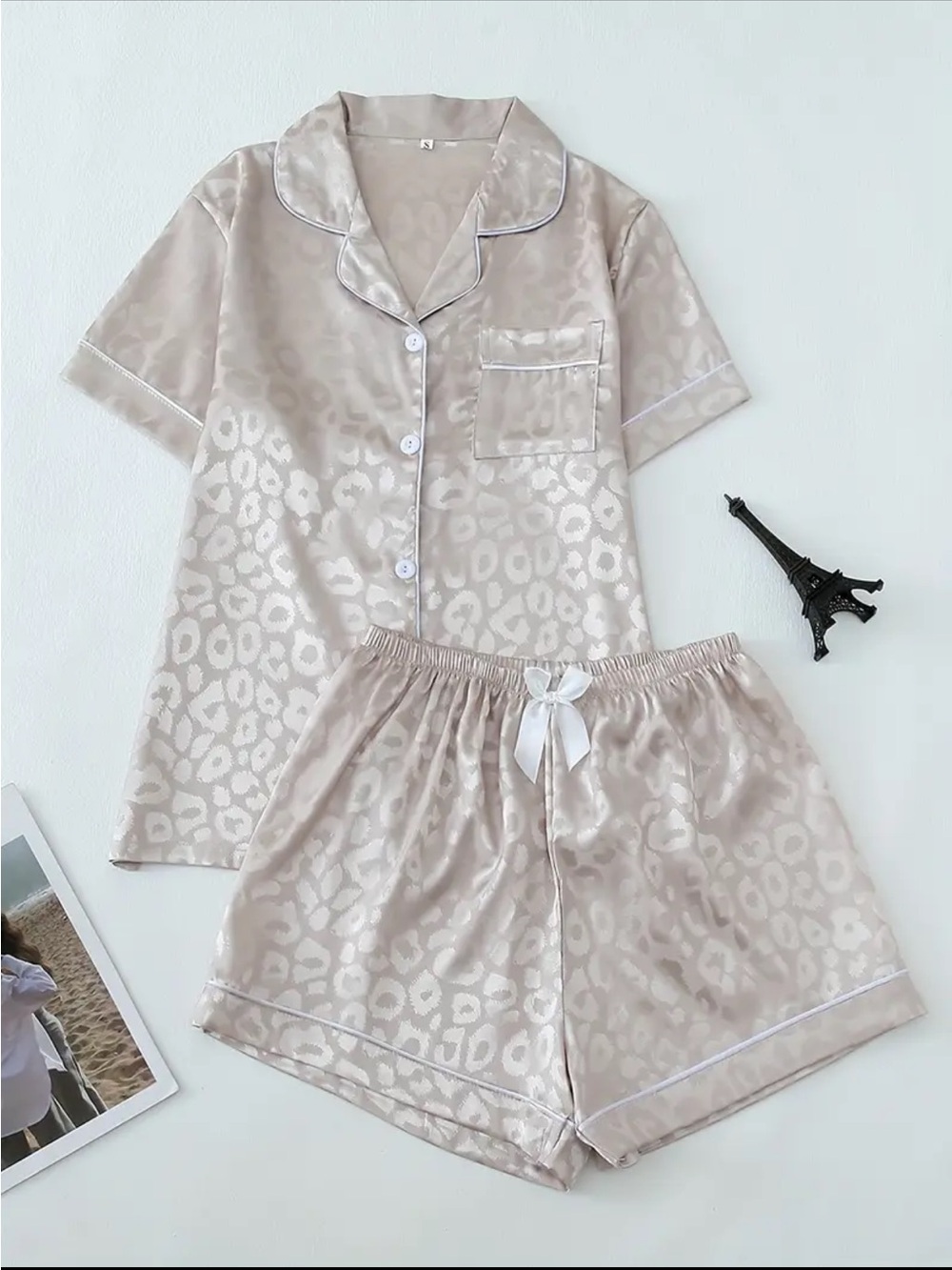 🐆 Satin Short Sleeve Pajama Set - Beige